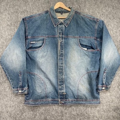 Vinatge Rocawear Denim Jacket  Mens 2XL Blue Stitching Y2K Streetwear Hip Hop