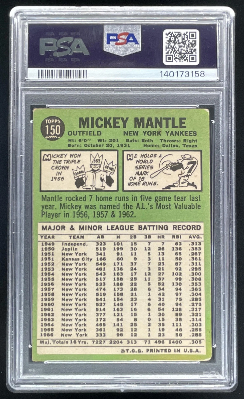 1967 Topps #150 Mickey Mantle PSA 3 view 2