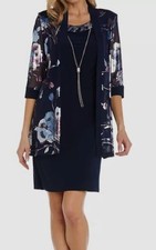 R M Richards Women's Blue 2 Pc. Necklace Dress  Printed Jacket Set Size: 14