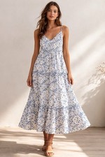 Storia Blue Floral Lace Applique Midi Dress Small Cottagecore