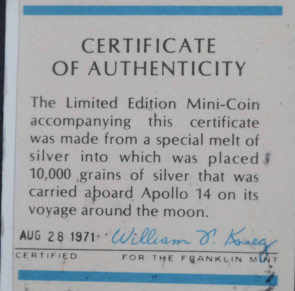 1971 Mini-Coin Poured from Silver Carried to the Moon on Apollo 14 Space Craft - Image 4 of 4