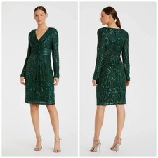 Mac Duggal embellished surplice long sleeve sequin cocktail dress emerald 12 nwt