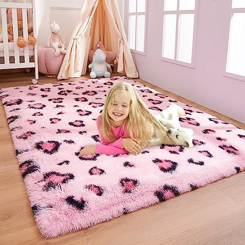 Pink Leopard Rugs, Soft Bedroom Rugs 4x6, Fluffy Living Room Rugs, Girls Room - Picture 1 of 6