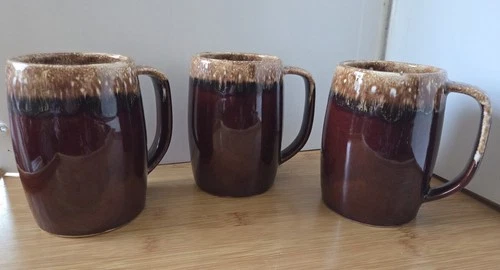 Set of 3 Hull Oven Proof 5" Pint Beer Steins Coffee Mugs 16 oz Brown Drip Glaze