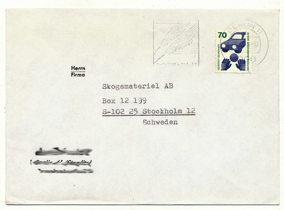 Brief 70 Pfg Unfallverhütung  EF nach Schweden, Berlin 1976 - Bild 1 von 1