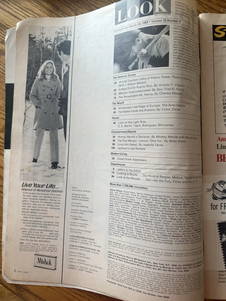 Look Magazine March 18 1969 John Lennon & Yoko Ono Mickey Mantle VINTAGE (VTG) - Image 2 of 3