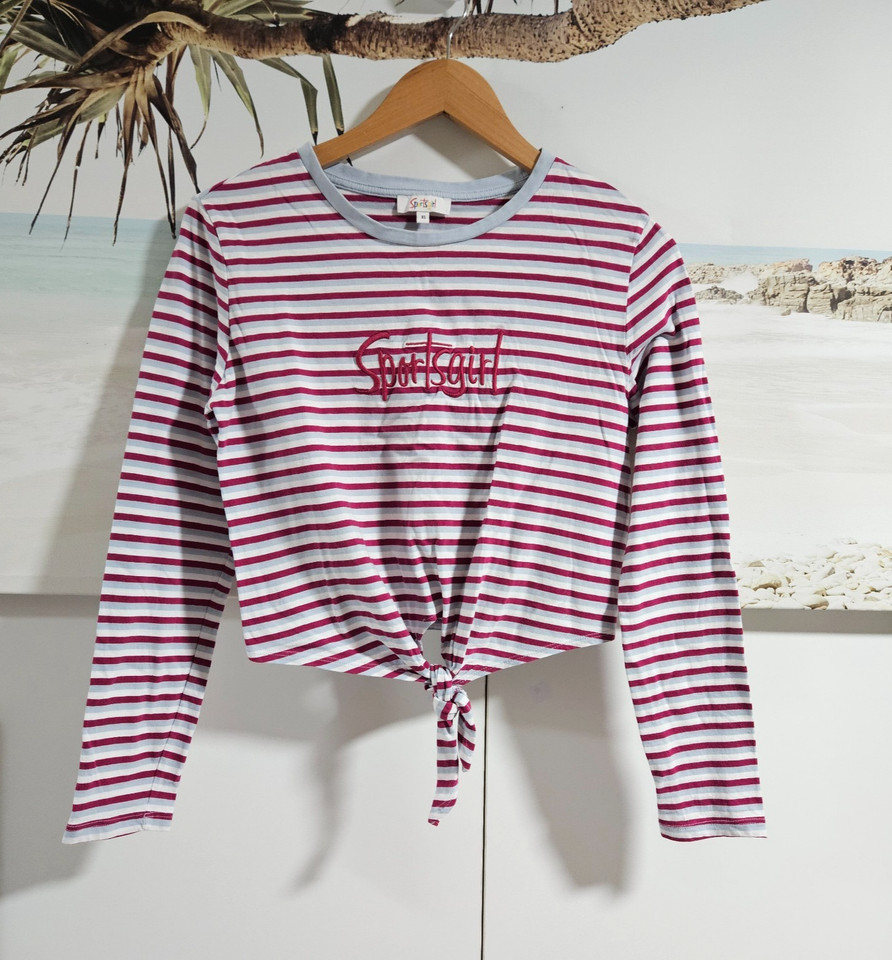 Sportsgirl Top Size XS Striped Embroidered Logo Long Sleeve Crew Neck Tie-Front