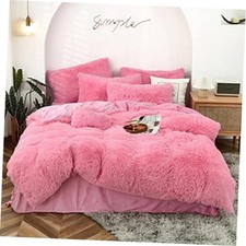 5 PCS Shaggy Duvet Cover Bedding Set - Long Faux Fur King/California King Pink