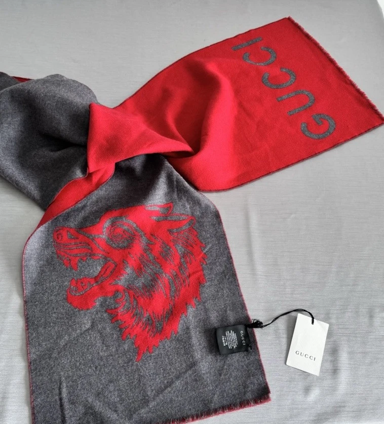 Bufanda de lana Gucci Wolf Head roja/gris nueva con etiquetas Foto 4 de 4