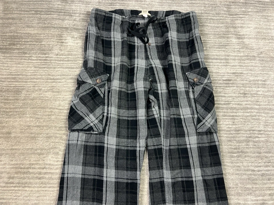 Duluth Pajama Pants Mens Medium Black Plaid Cargo 100% Cotton Drawstring - Image 2 of 4