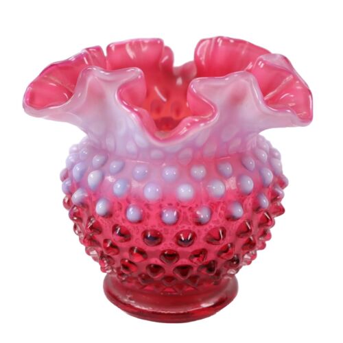 Fenton Glas Vase Opalescent Cranberry Hobnail Ruffle Mid Century - Bild 4 von 10