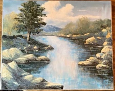 Oil Painting Signed Original Canvas Stream Landscape  26"x32"  Nice