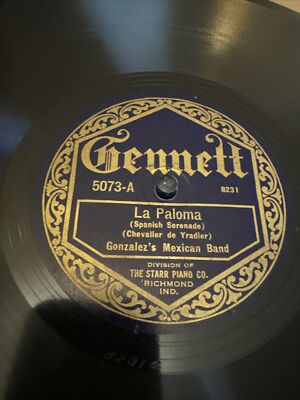 Gennett 78 RPM Gonzalez s Mexican Band - La Paloma 5073 V++