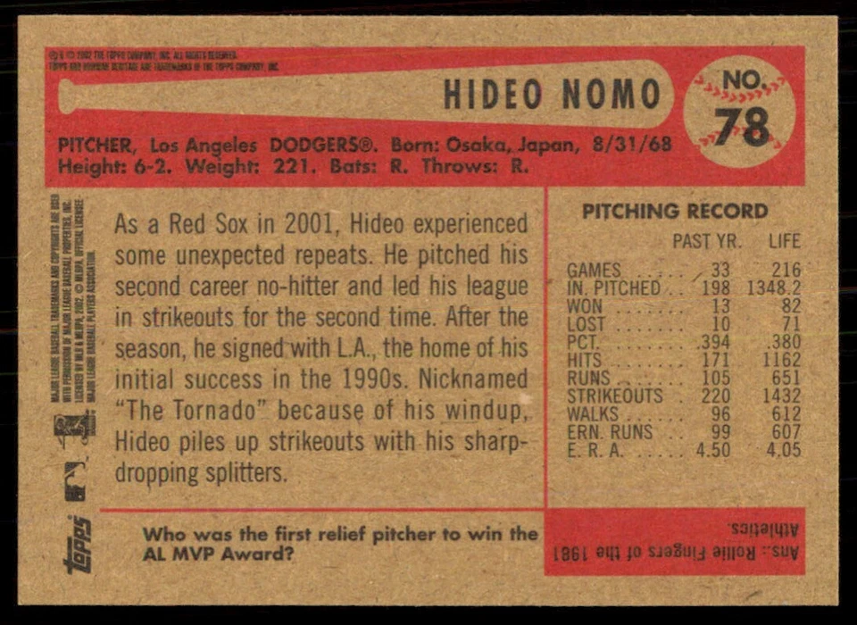 2002 Bowman Heritage Hideo Nomo Los Angeles Dodgers #78 - Image 2 of 2