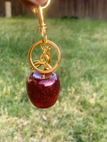 New Cherry Bag Charm Keychain Glitter Resin and Metal Brass Red Apple - Picture 6 of 8