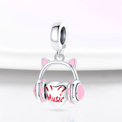 Hund Katze Pfote Liebhaber Liebe Musik Herz Kopfhörer DJ Charm Sterlingsilber 925