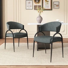 Modern Back Upholstered Metal Frame Arm Dining Chair, Set of 2