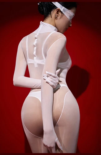 Rückenreißverschluss nahtlos Bodystocking Body transparent ölig glänzend Overall mit Handschuhen - Bild 38 von 69