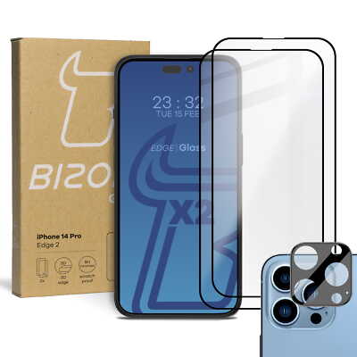 Gehärtetes Glas Bizon Glass Edge 2 - 2 Stück + Kameraschutz iPhone 14 Pro Schw