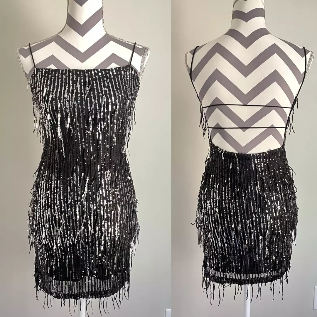NWOT Lovely Day Fashion Mini Dress SMALL black silver sequin