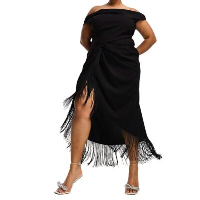 ASOS Design Curve Cowl Neck Midi Dress w Ruched Waist/Fringe in Black, Size  20 | eBay