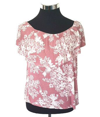 Timing Pullover Top Juniors Size Large Retro Mauve & White Roses Rayon Blend