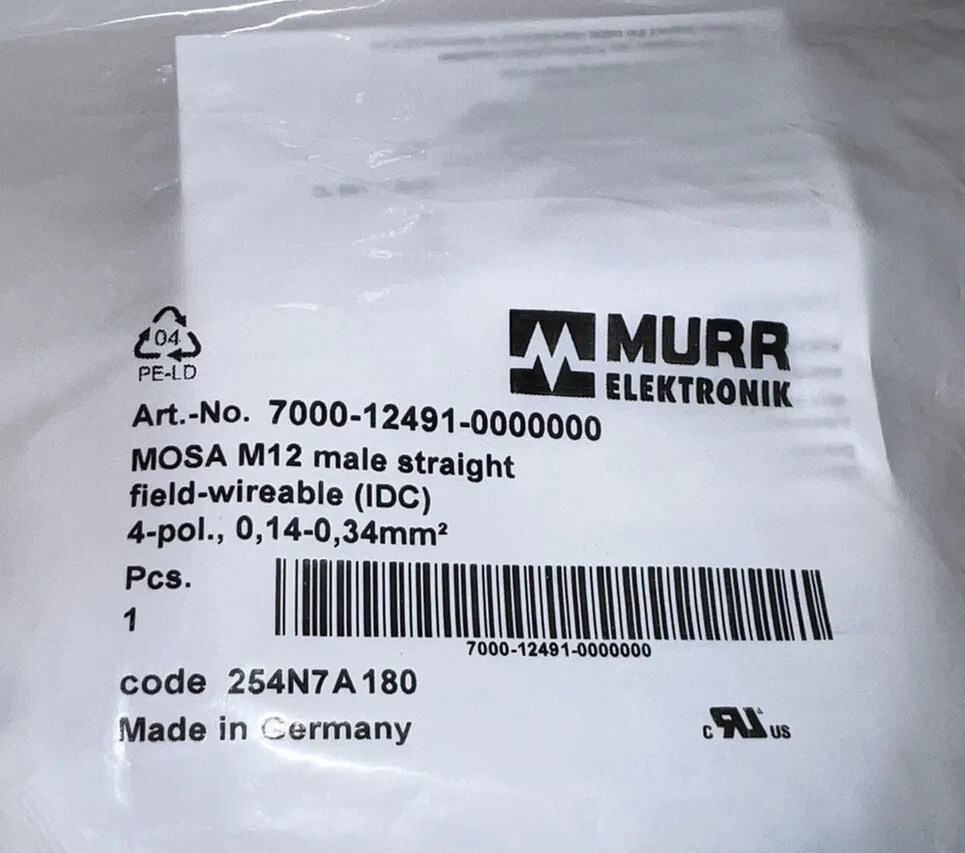 Murr Elektronik 7000-12491-0000000 M12 Male Straight 4 pole Connector!
