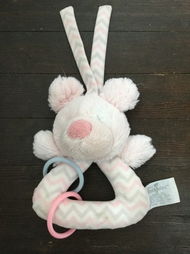 Nat & Jules Pink Puppy Gray Chevron Striped Plush Baby Stroller Rattle Rings - Picture 2 of 5