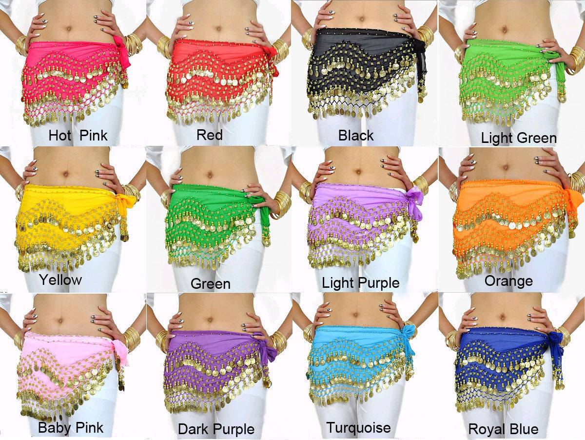 Women's Belly Dance Hip Skirt Scarf Wrap Belt Hipscarf with Gold/Silver Coins