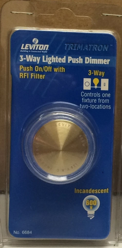 Leviton 6684 Rotary Dial Push On/Off 3-Way Light Dimmer Switch Clear w/ Gold