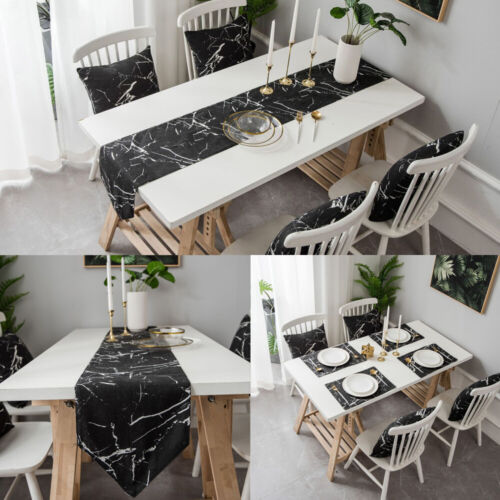 Black White Marble Print Table Runner Tablecloth Cover Placemat Dining Home Deco - Picture 1 of 22