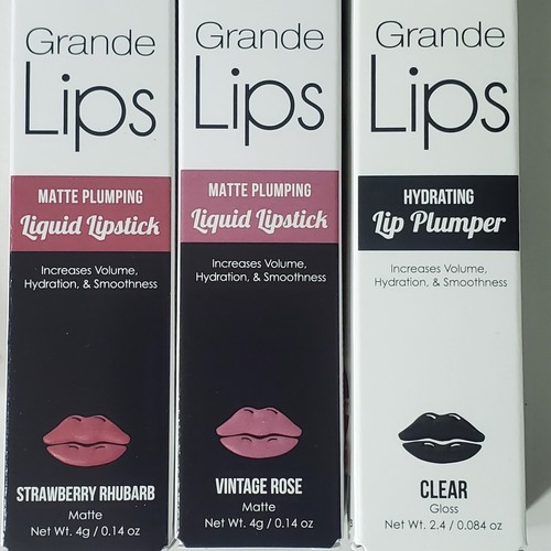Grande Lips Hydrating Lip Plumper and Lipstick Clear Rose Rhubarb Lot of 3 - Picture 2 of 8