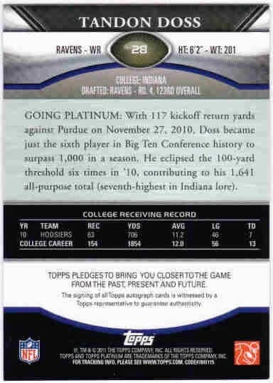 TANDON DOSS 2011 Topps Platinum Rookie Green Refractor 143/150 Auto Card - Image 2 of 2