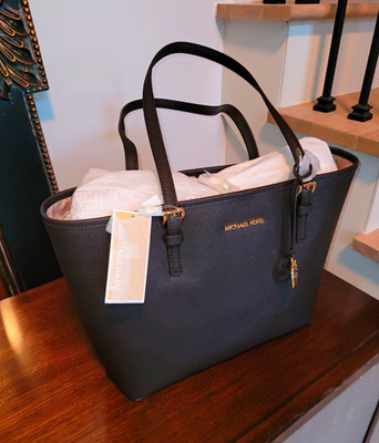 Michael Kors Black Large Tote Bag Gold Hardware MK Charm Inner Pockets Open