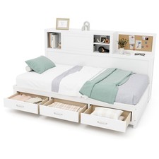Compact Double Size Daybed Wooden Sofa Bed Frame w/ Storage Shelves & 3 Drawers