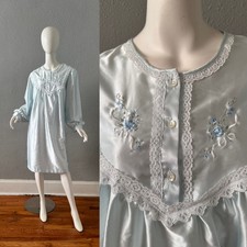 Vintage 80s Ice Blue BARBIZON Satin Long Sleeve Nightgown XL