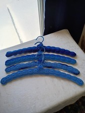 Vintage Set Of 4 Handmade Crocheted Wooden Hangers Blue Tones 17"L Yarn Covered