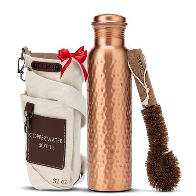Copper Water Bottle 32 Oz Hammered 100% Pure with Canvas Carry Bag & Brush