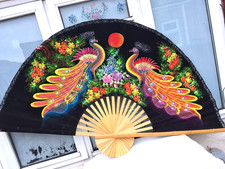 LARGE DECORATIVE HANDPAITED PEACOCK FABRIC & BAMBOO FAN 59 inches