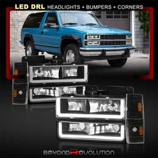 For 1988-1993 C/K C1500 C2500 C3500 LED Tube Black Headlights +Signal Bumper Set
