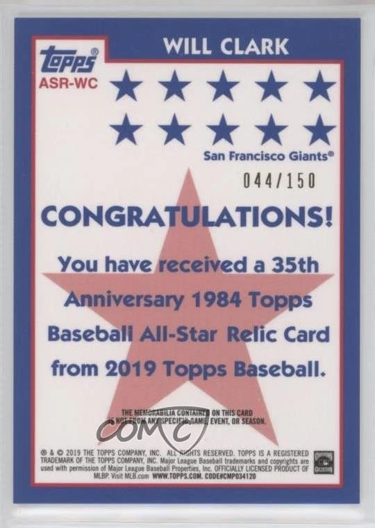2019 Topps 1984 Baseball All-Stars Relics 150th Anniversary /150 Will Clark - Image 2 of 2