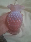 Fenton Cranberry Opalescent Hobnail 8 Point Crimped Cupped 4" Mini Vase Vintage