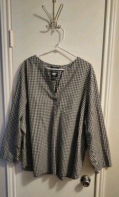 LANDS END Women's 100% Cotton Tunic Top 3X Checked Black White Lagenlook Preppy