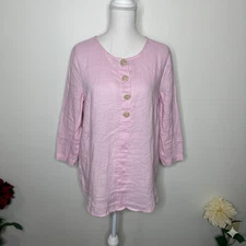 Saks Fifth Avenue Pink 100% Linen Tunic Sz L 3/4 Sleeves Lagenlook Resort