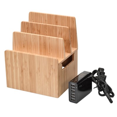 Bamboo Universal Multi-Device Charging Station & Cord Organizer Stand 6-USB Hub