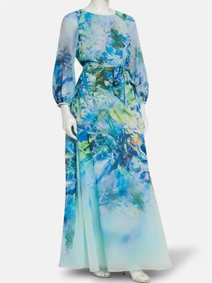 Rickie Freeman For Teri Jon Women's Blue Floral-Print Chiffon Gown Dress Size 10