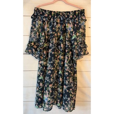 Sara Campbell Navy Floral Off The Shoulder Ruffle Shift Dress Made in USA Large