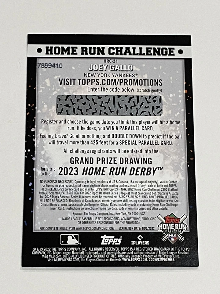 2022 Topps Baseball Home Run Challenge - Joey Gallo - New York Yankees - Image 2 of 2