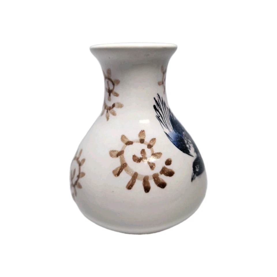 Vaso de cerâmica esmalte craquelado vintage motivo pássaro azul e sol 8"" - Imagem 2 de 4