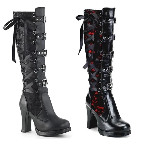 Womens Gothic Punk Lace Up Knee High Boots Chunky Heel Rivet Motorcycle Boots